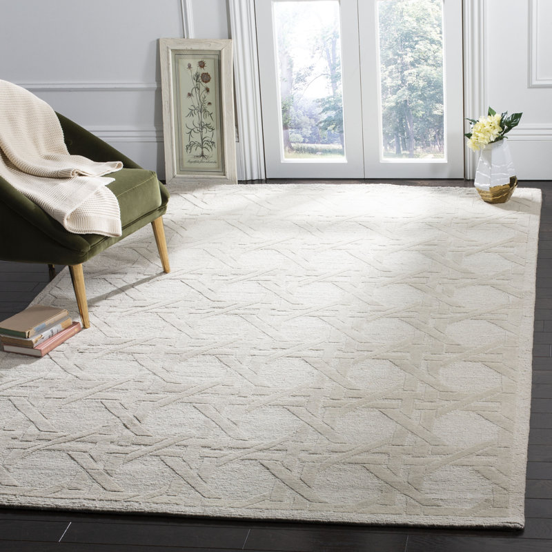 Tapis beige rectangulaire en laine noué à la main Jamie Drake, Rectangle 6 pi x 9 pi, Silver