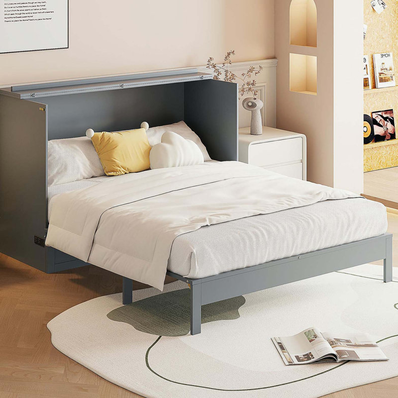 Lit escamotable double avec grands tiroirs, gris, Grey, Lit double