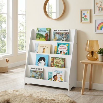 4-Tier Open Front Book Storage Rack, Freestanding Slanted Magazine Display Bookshelf, White Wooden Book Organizer, Low Profile Horizontal Reading Bookcase for Living Room Bedroom Entryway