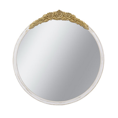 French Country White and Gold Round Wall Mirror with Floral Crest for Bedroom Living Room Decor