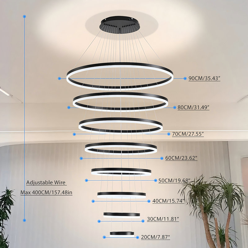 Lustre moderne à DEL avec anneaux à haut plafond, Noir mat, H 157 po x l 35 po x P 35 po