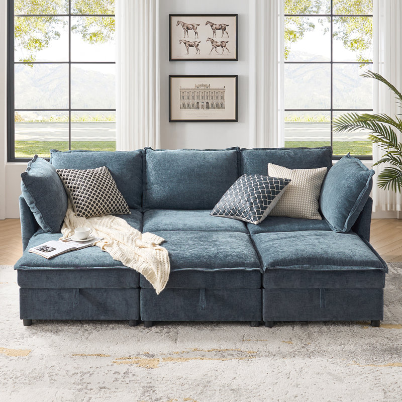 Talani Modern 323cm W 6 Seater Modular Corner Sofas with Hidden Storage, Blue
