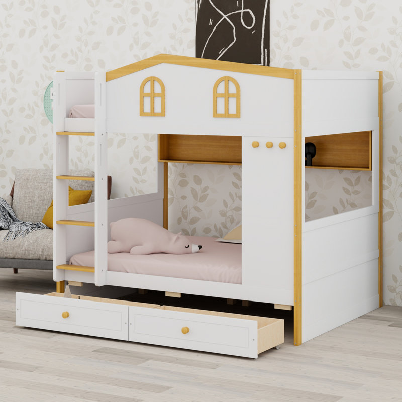 Bunk Bed with House Shaped Guardrails, Storage Shelves and Drawers, Full over Full