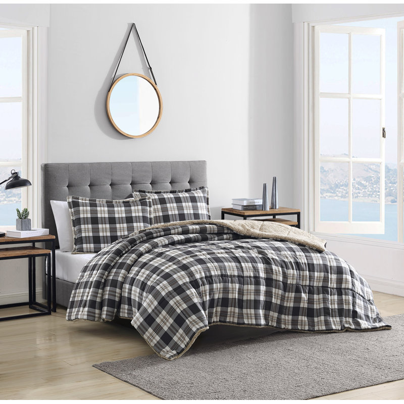 Microsude St Nautica Microsuede/Sherpa Reversible Grey Comforter Set, Queen Comforter + 2  Standard Shams