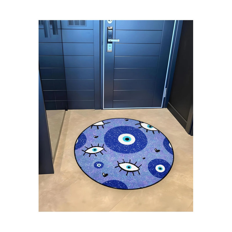 Woven Base Decorative Carpet With Blue Evil Eye Beads And Eye Patterns, Round 4'