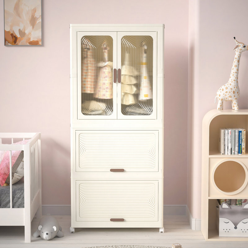 Portable Wardrobe Closet Storage Organizer For Clothes,Clothes Dresser, Magnetic Doors With Cubes &  Hanging Rod, Baby Wardrobe Storage Cabinet,White