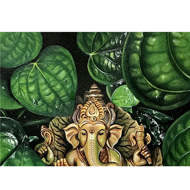 Lord Ganesha sous des feuilles trempées | Acrylique sur papier