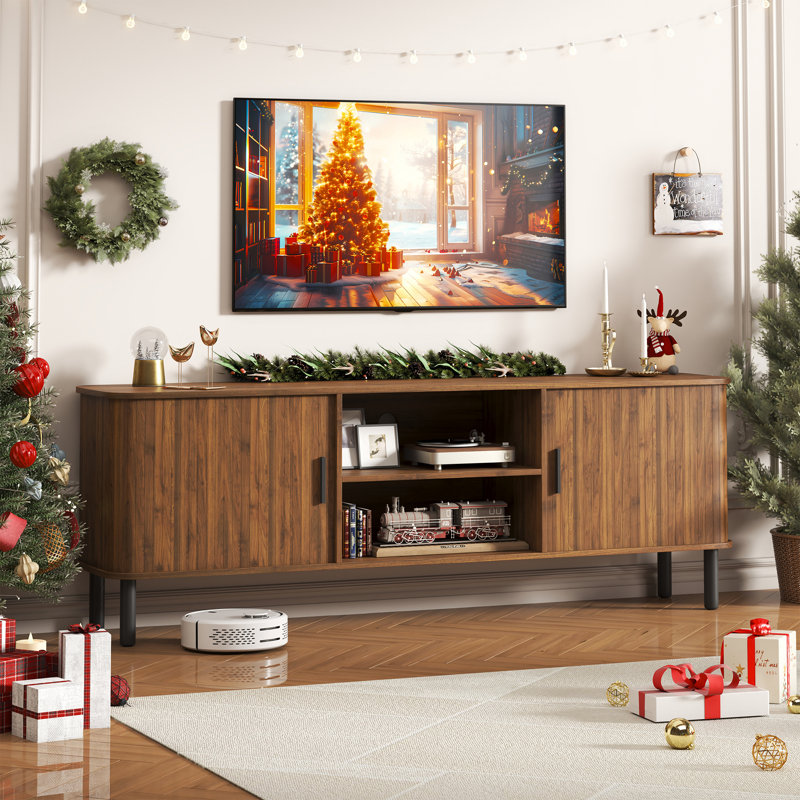  Meuble télé 70 po pour téléviseur de 80 po ou moins avec support coulissant et tablettes de rangement, Brun
