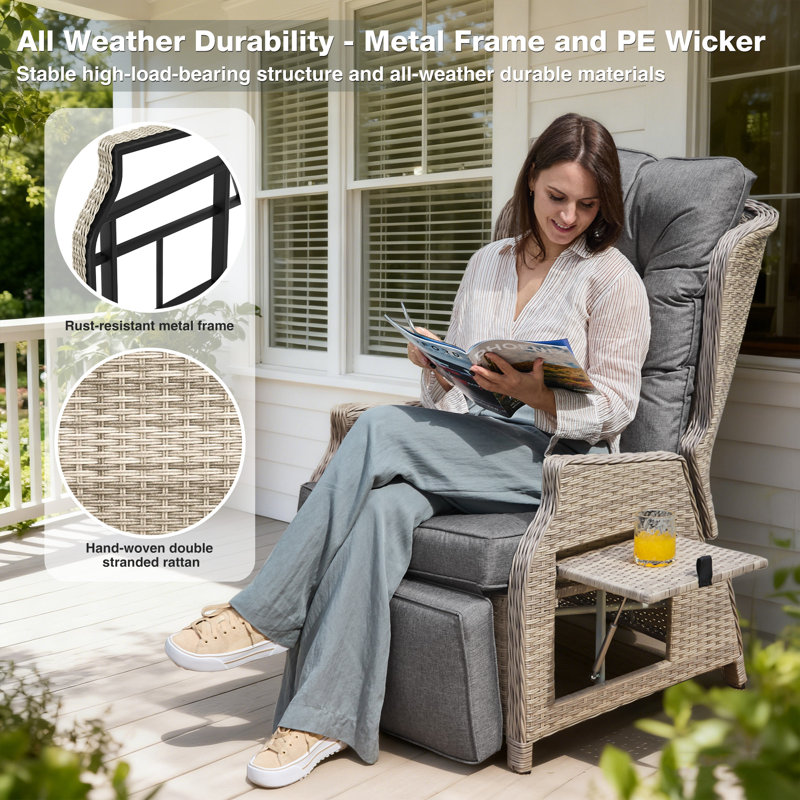 Outdoor Lounge Chair with Ottoman, Beige Rattan x Dark Grey
