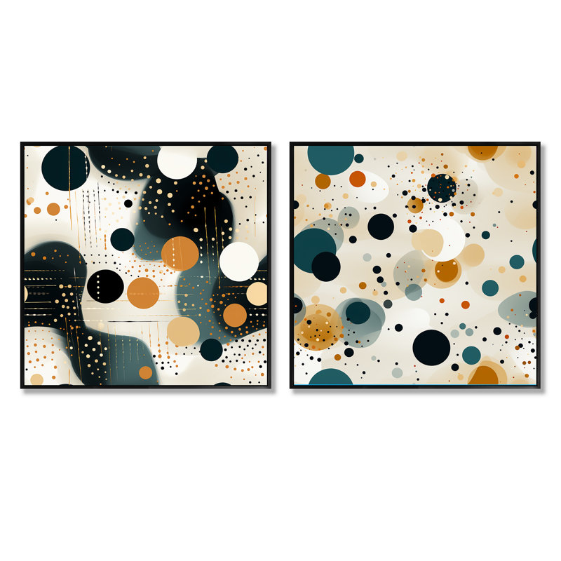 Industrial Chic Polka Dots Pattern - Abstract Shapes Square Collage Set Of 2, 16" H x 33" W, Black Floater Framed