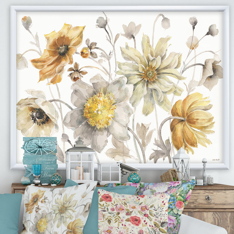 «Fields of Gold Watercolor Flower VII», reproduction sur toile encadrée, H 36 po x l 46 po x P 1,5 po, Cadre blanc