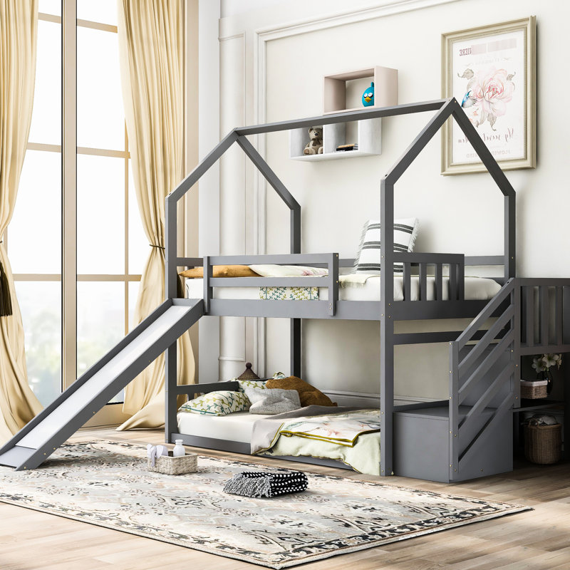Lit simple superposé simple avec escalier de rangement et glissade convertible, Grey