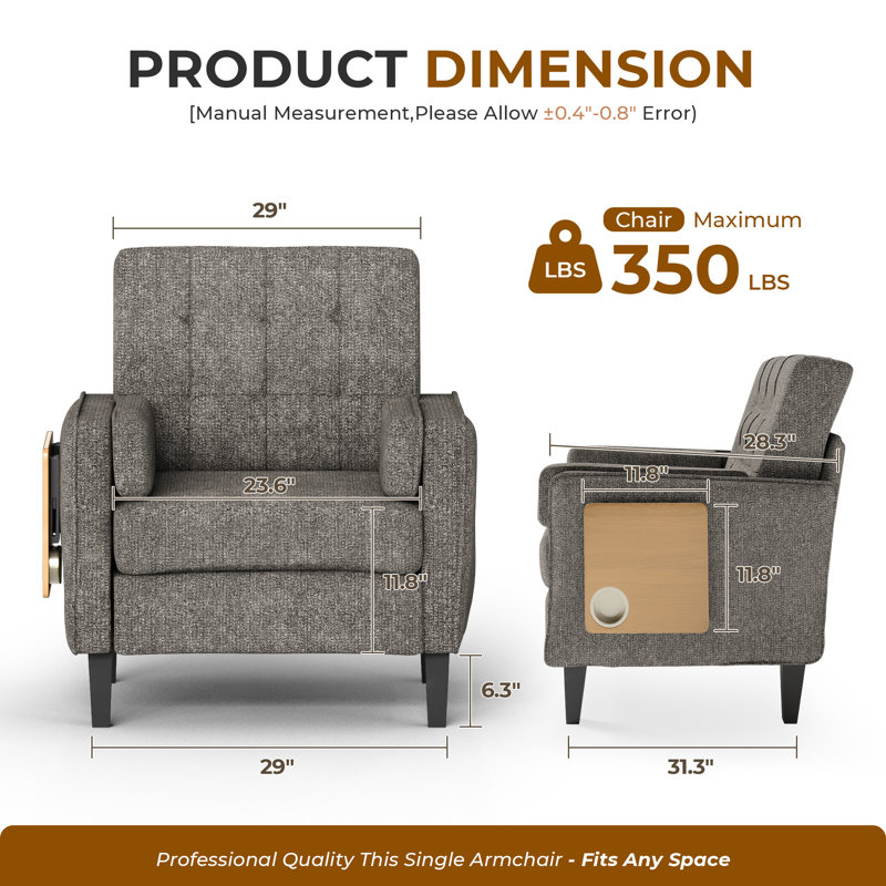 29" Wide Upholstered Solid Wood Accent Chair With Folding Side Table, Dark Gray