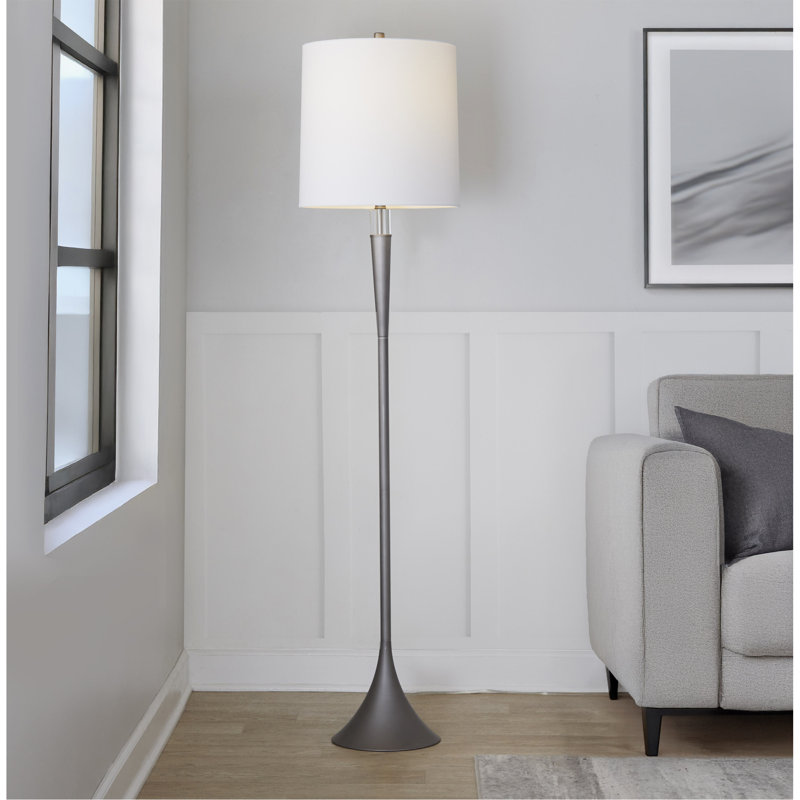 Lampe sur pied en métal en fonte et cristal K9 transparent avec abat-jour en lin blanc - ensemble de 2, Fonte