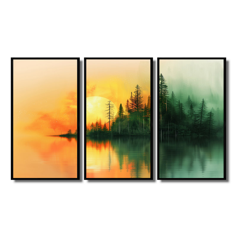 Ensemble de décorations murales vert et jaune, Toile avec cadre flottant noir, H 32 po x l 48 po x P 1 po