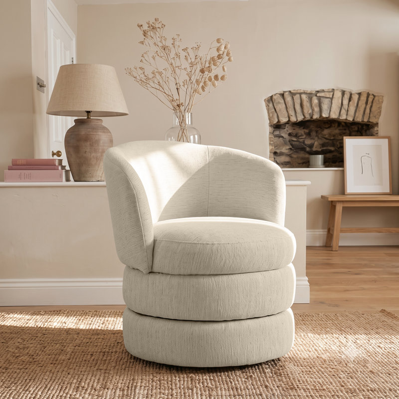 Upholstered Swivel Barrel Chair, Cream Beige Linen