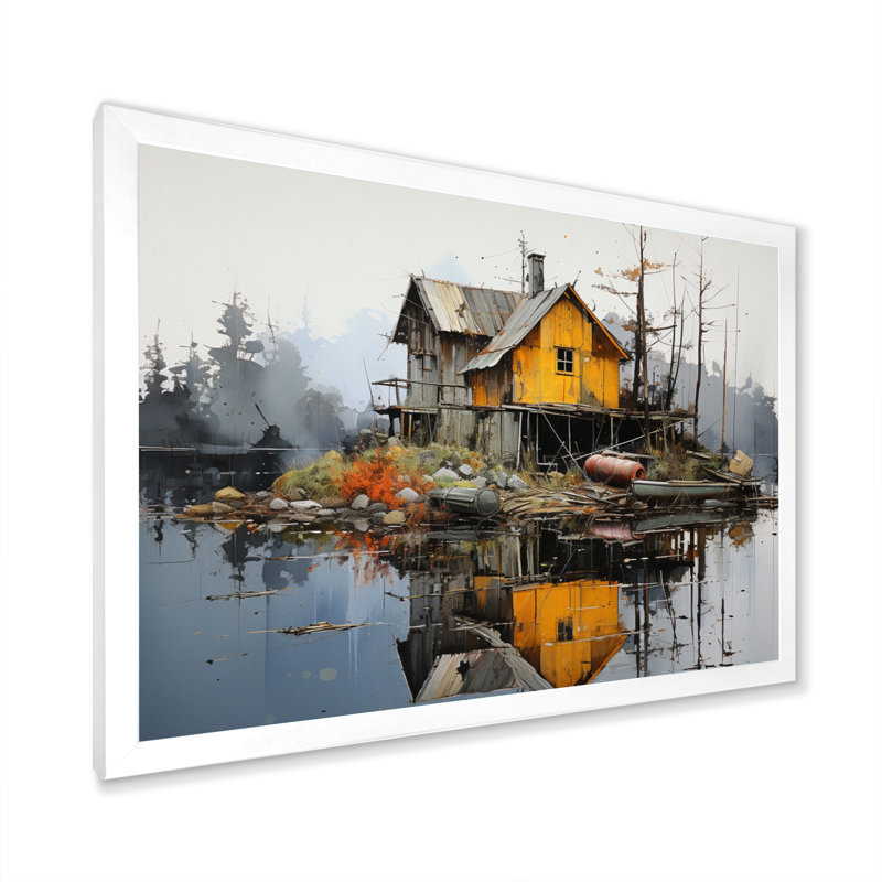 Yellow Lakehouse Pier Reflections II - Landscapes Canvas Prints, H 24 po x l 32 po x P 1 po, Cadre photo blanc