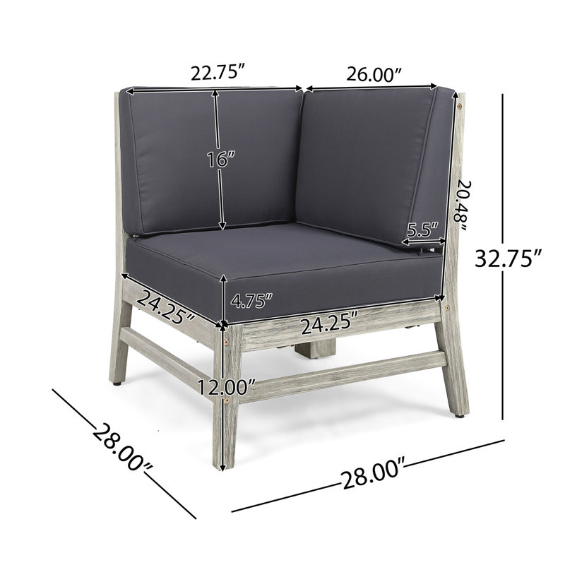 Fauteuil d'angle gris foncé en bois avec coussins et siège de piscine