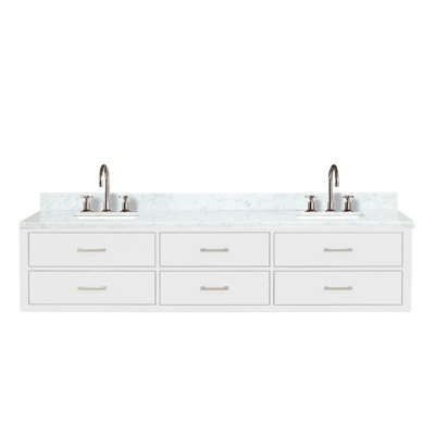 White Double Bath Vanity 84 In. W X 22 In. D, Carrara Marble Top, And Faucet Set
