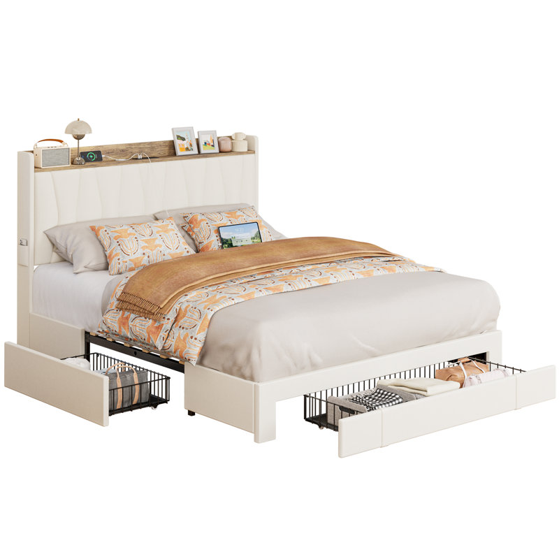 Upholstered Bed Frame with 3 Drawers, Bed with Storage Headboard and Charging Station, Queen, Beige