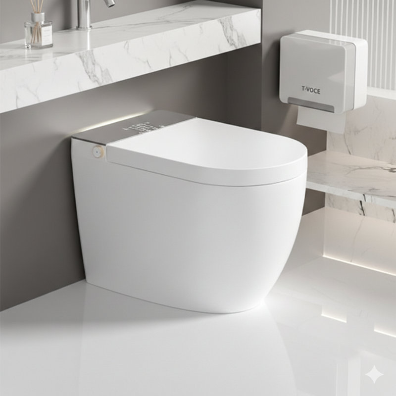 Contemporary one-piece smart toilet with automated lid opening and closing, a seat with temperature control, immediate warm water for cleansing, capability for automatic flushing, and options for remote-control or foot-sensor activated flushing.