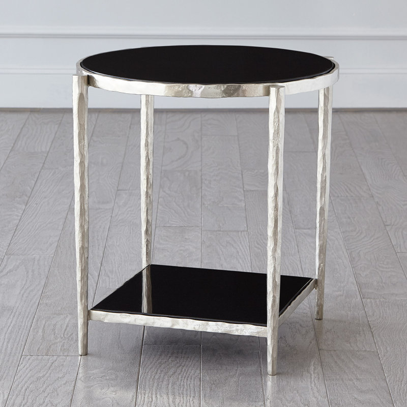 Round Black Granite and Metal Side Table with Shelf