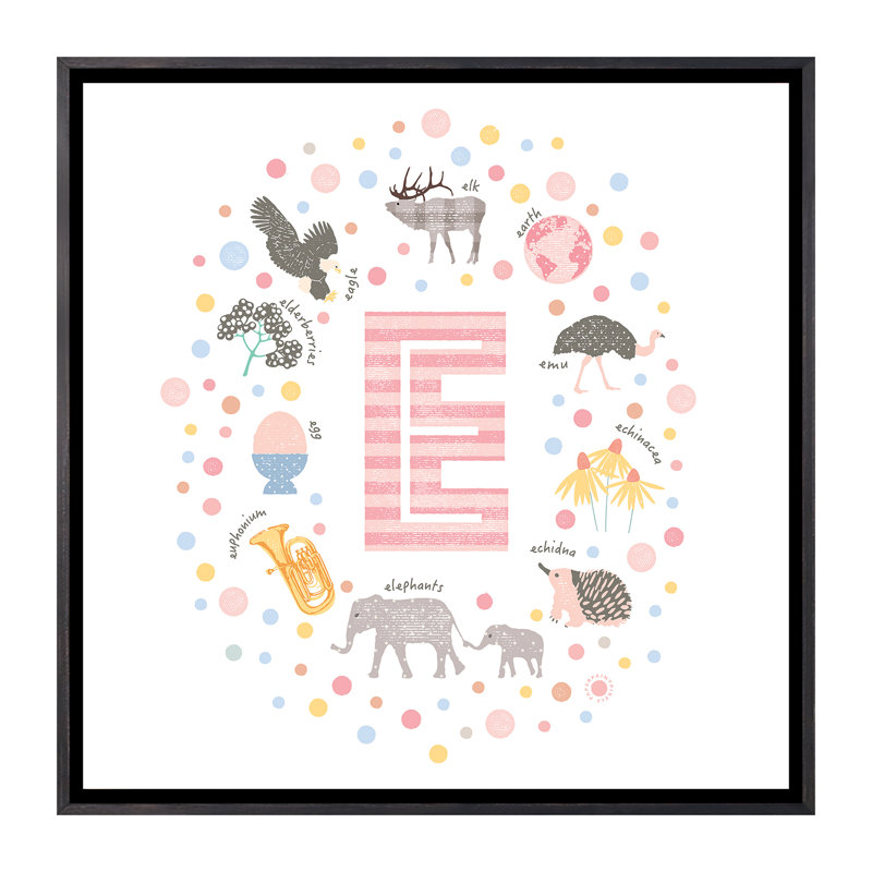 Lettre illustrée E rose - impression, Pas de tapis, Toile avec cadre noir patiné, H 26 po x l 26 po x P 1,5 po