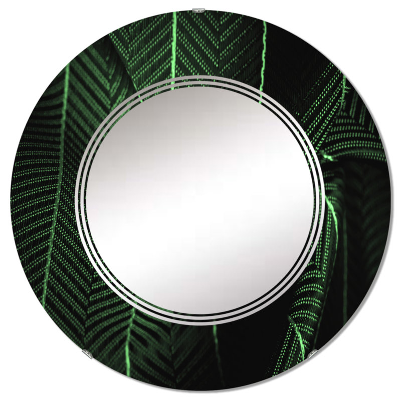 Tissu en soie vert profond avec miroir mural à motif II, 32 po x 32 po
