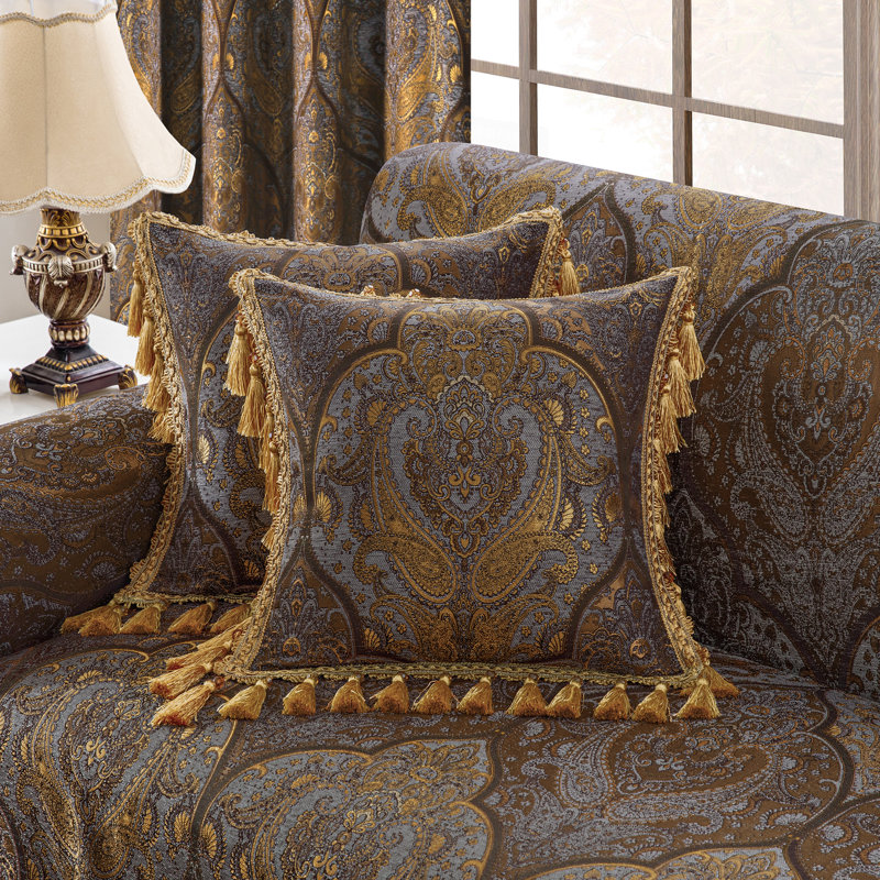 1-Piece Bronze Jacquard Throw Pillow Cover 20"x20", Decorative Pillow Cover with Tassels for Sofa Couch Chair Living Room Bedroom