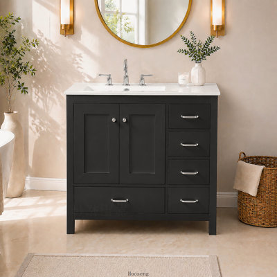 Meuble-lavabo noir de 91 cm (36 po) avec lavabo en céramique, 2 portes à fermeture en douceur et 5 tiroirs
