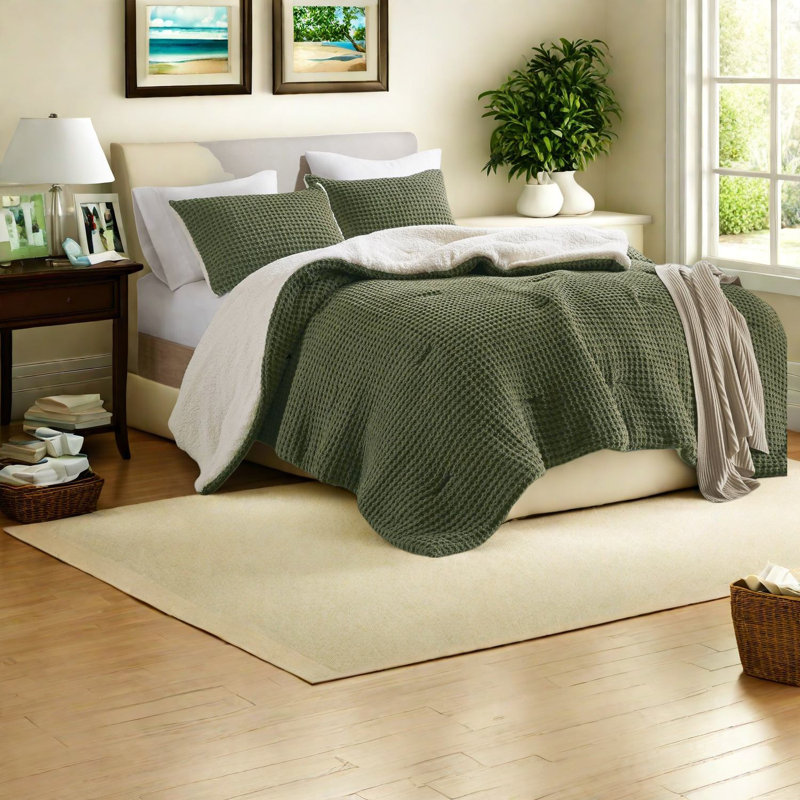 Ensembles de literie de luxe en chenille à maille gaufrée, pour lit double/queen, avec couette et taies d'oreiller couleur olive