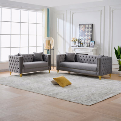 Chesterfield Velvet Sofa,3+2 Seater Deep Seat Sofa,Modern Sofa With Button Nailhead,Square Arm Couches,Furniture For Living Room,Bedroom,Office