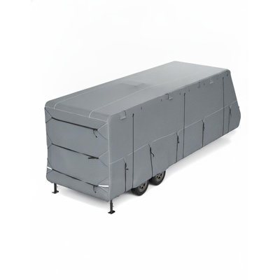 27-30 Ft Travel Trailer RV Cover In Gray, 914.4 x 266.7 x 274.32 Cm Non-Woven Fabric With 7-Layer Extra-Thick Construction, Windproof Straps And Tire Covers For Waterproof UV Protection