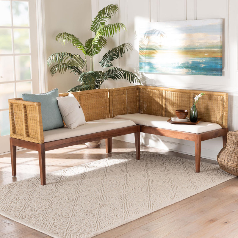 Bearnard Bali & Pari Tabanan Modern Bohemian Nautral Brown Rattan And Brown Acacia Wood 2-Piece Dining Nook Banquette Set
