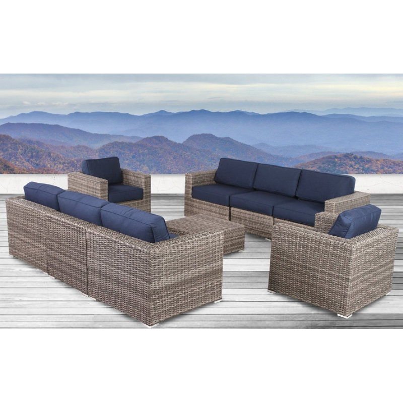 Lazaro 8-Person Patio Seating Group with Sunbrella Cushions, Navy Blue, Mixed Gray