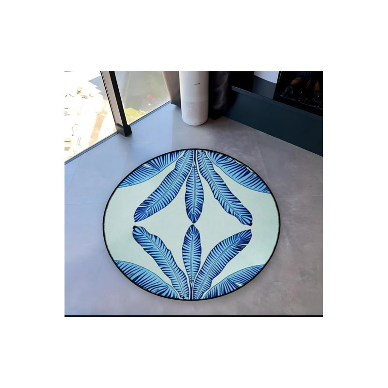 Blue Themed Tropical Leaves Patterned Round Woven Base Modern Decorative Carpet, Round 3'4"