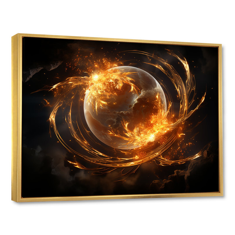 Verre de feu saturn planète I - art mural espace planète, Cadre flottant doré, H 34 po x l 44 po x P 1,5 po