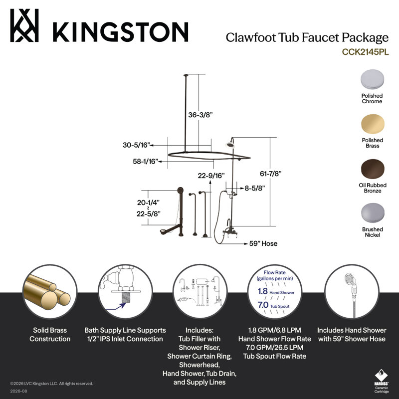 Kingston Brass Vintage Three-Handle 2-Hole Tub Wall Mount Clawfoot Tub Faucet Package with Shower Enclosure and Hand Shower