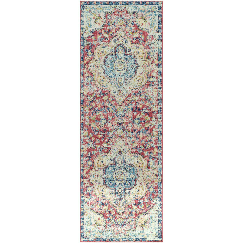 Tapis oriental rose / bleu ciel / beige Sprecher, Tapis de couloir 2 pi 7 po x 7 pi 6 po