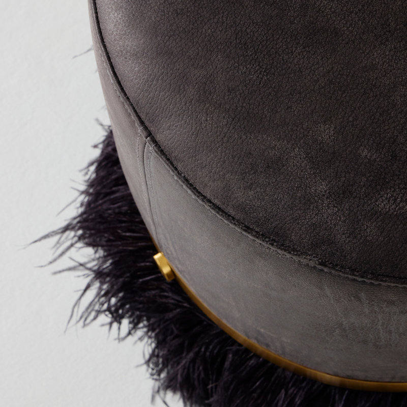 Leather Ostrich Fluff Pouf, Charcoal/Black