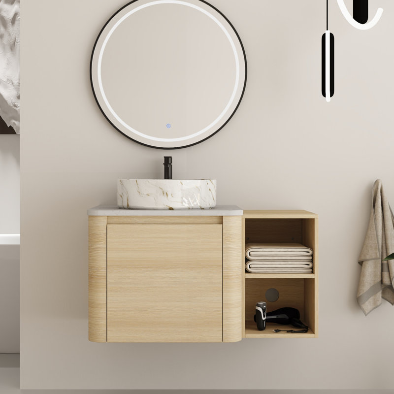 Ensemble de meuble-lavabo mural simple 36 po avec plateau en pierre reconstituée Eaton, 36, Blanc / Doré