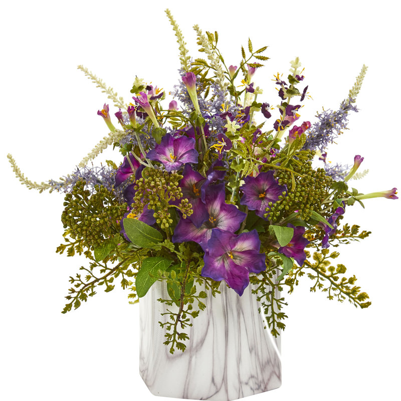 Purple Silk Morning Glory Arrangement in Marble Vase