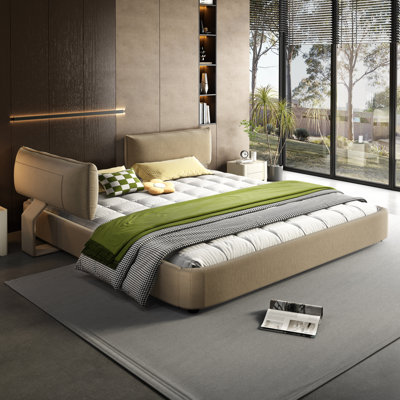 King Size Cloud Bed Frame With Movable Headboard,Chenille Upholstered Bed With Round Corner by Latitude Run