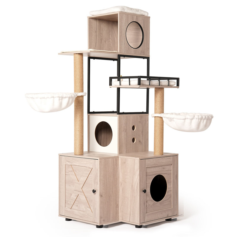 63" Multi-Functional Cat Tree with Litter Box - Includes Removable Washable Cushion, Scratching Posts & Toy Hanger, Modern Design, Rustic Grey