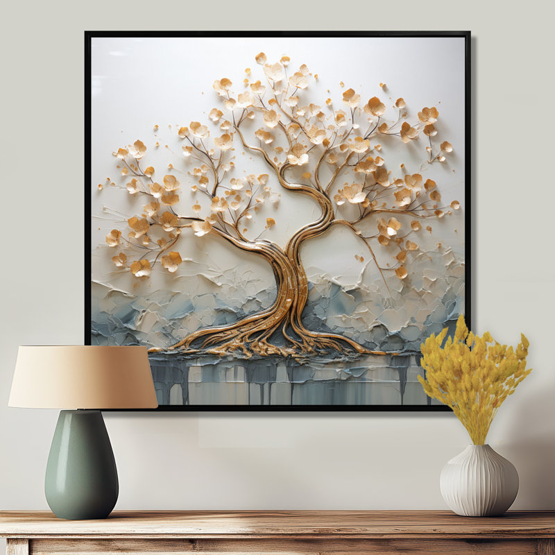 Arbre doré dans un lac au début du printemps I - décoration murale arbre, 44" H x 44" W, Cadre flottant noir, bois massif