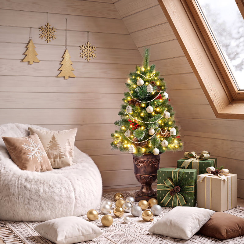 Arbre de Noël artificiel illuminé 4 pi / 5 pi dans un pot à fleurs en forme d'urne - Arbre de Noël artificiel en pot avec pommes de pin, baies rouges et 8 lumières DEL pour l'entrée