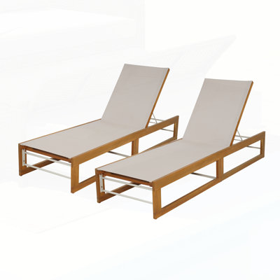 Outdoor Mesh Chaise Lounge Set Of 2, Durable Acacia Wood Frame For Summer Relaxation And Comfort