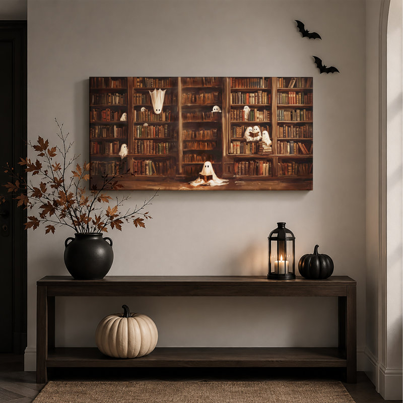 Art blanc sur toile, bibliothèque blanche, 20"W x 10"H