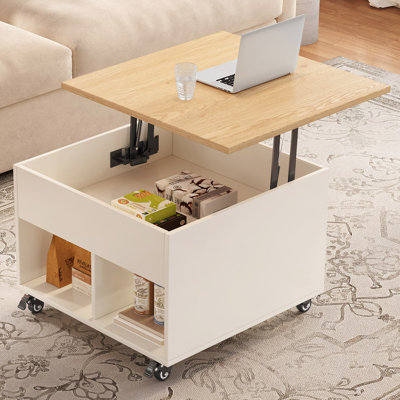 Table de bout carrée relevable avec rangement et roulettes, bois clair et blanc crème