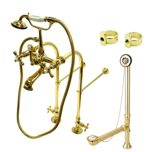 Kingston Brass Vintage Two-Handle 2-Hole Freestanding Clawfoot Tub Faucet Package with Supply Line, Hand Shower and Tub Drain
